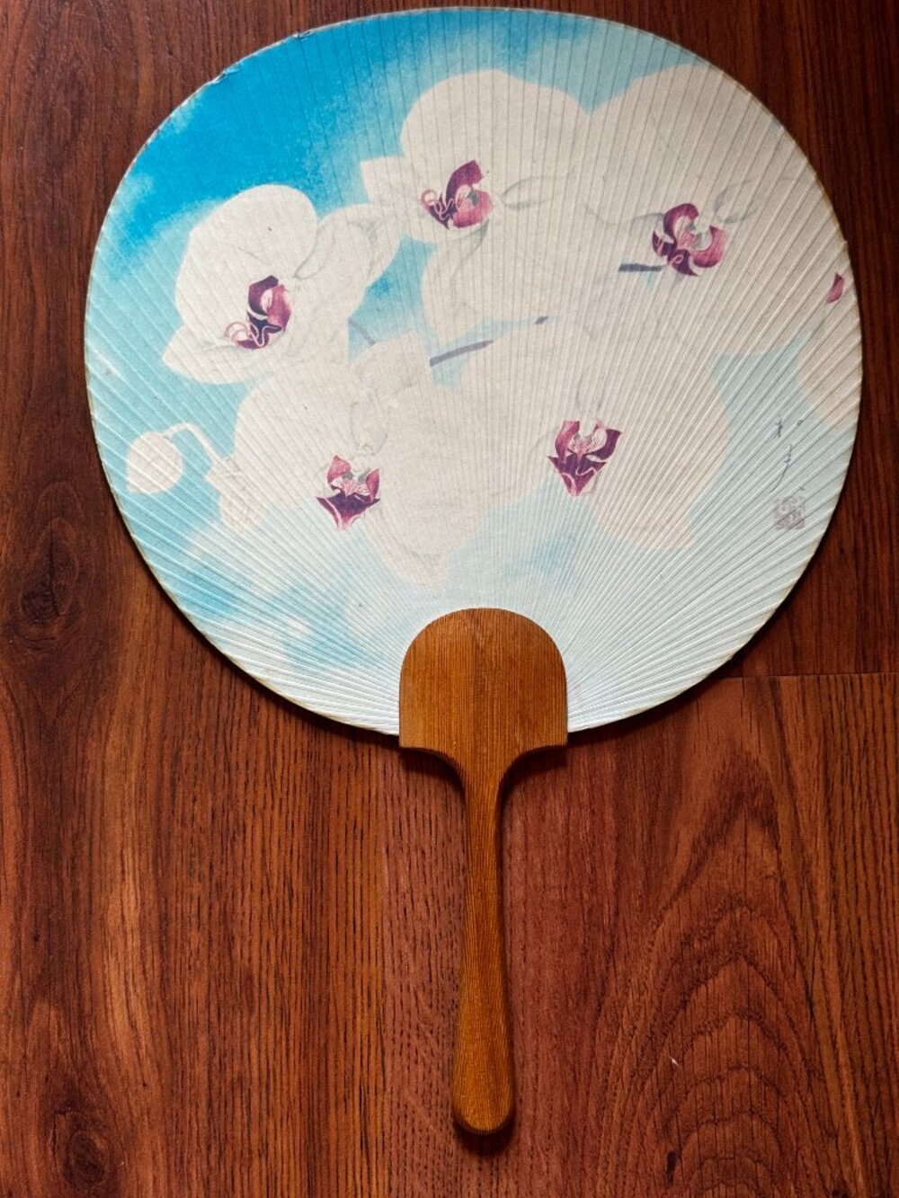 Takashimaya Uchiwa Fan, Orchid Design by Kazuo Kakurai, Vintage Circa 1980